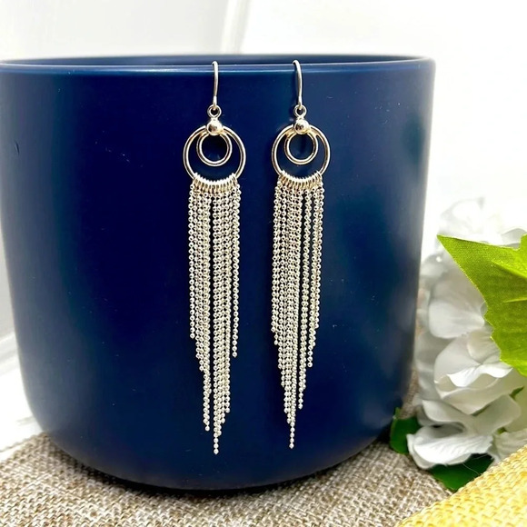 Vintage 925 Long Tassel Dangle Earrings with Elegant Silver Fringe Design - Picture 3 of 8